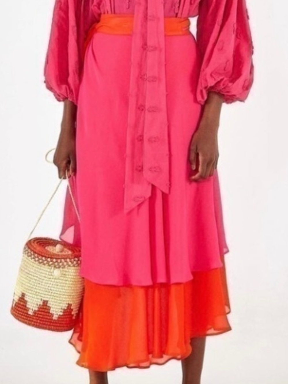 Farm Rio Wrap Midi Skirt Hot Pink Red Colorblock Small